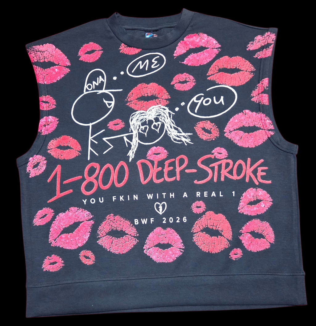 "CHILDHOOD CRUSH" (1-800-DEEP-STROKE) SLEEVELESS UNISEX TEE -GREY